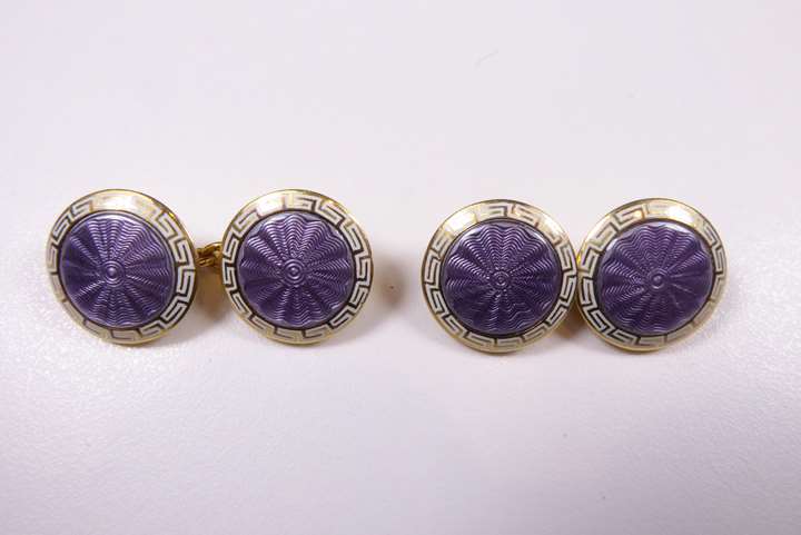 Pair of antique lilac and white enamel circular panel cufflinks, close set in 18ct yellow gold.